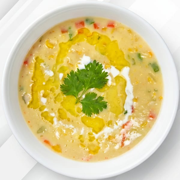 Creamy corn chowder with red and green peppers, drizzled with olive oil and garnished with cilantro.