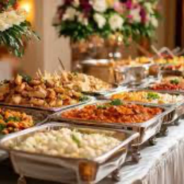 A buffet table laden with various hot dishes in chafing dishes, with floral arrangements in the background.