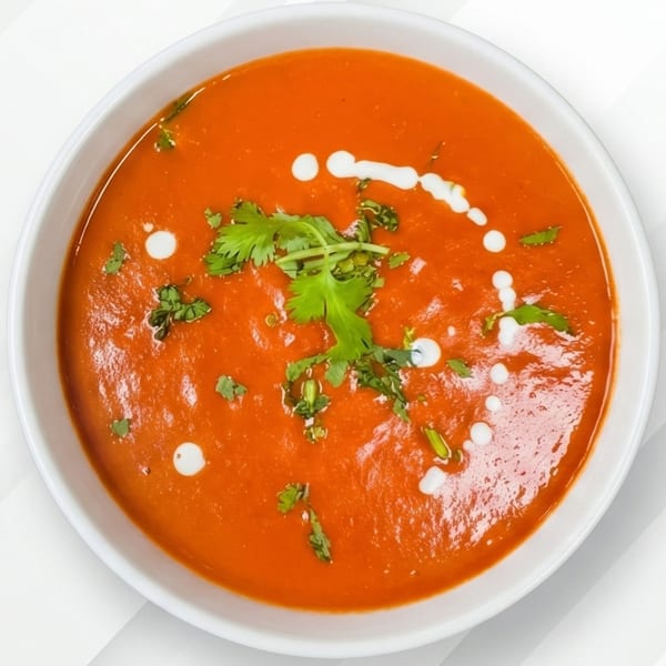 Vibrant orange tomato soup in a white bowl, garnished with fresh cilantro and cream swirls.