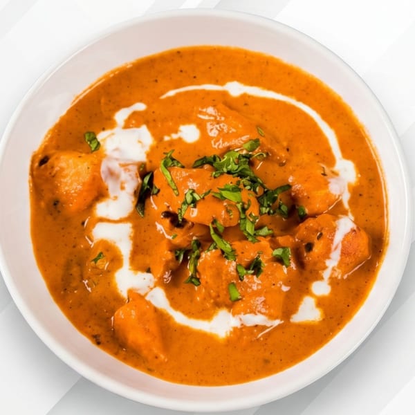 Close-up of butter chicken in a white bowl, garnished with cream swirls and fresh cilantro.